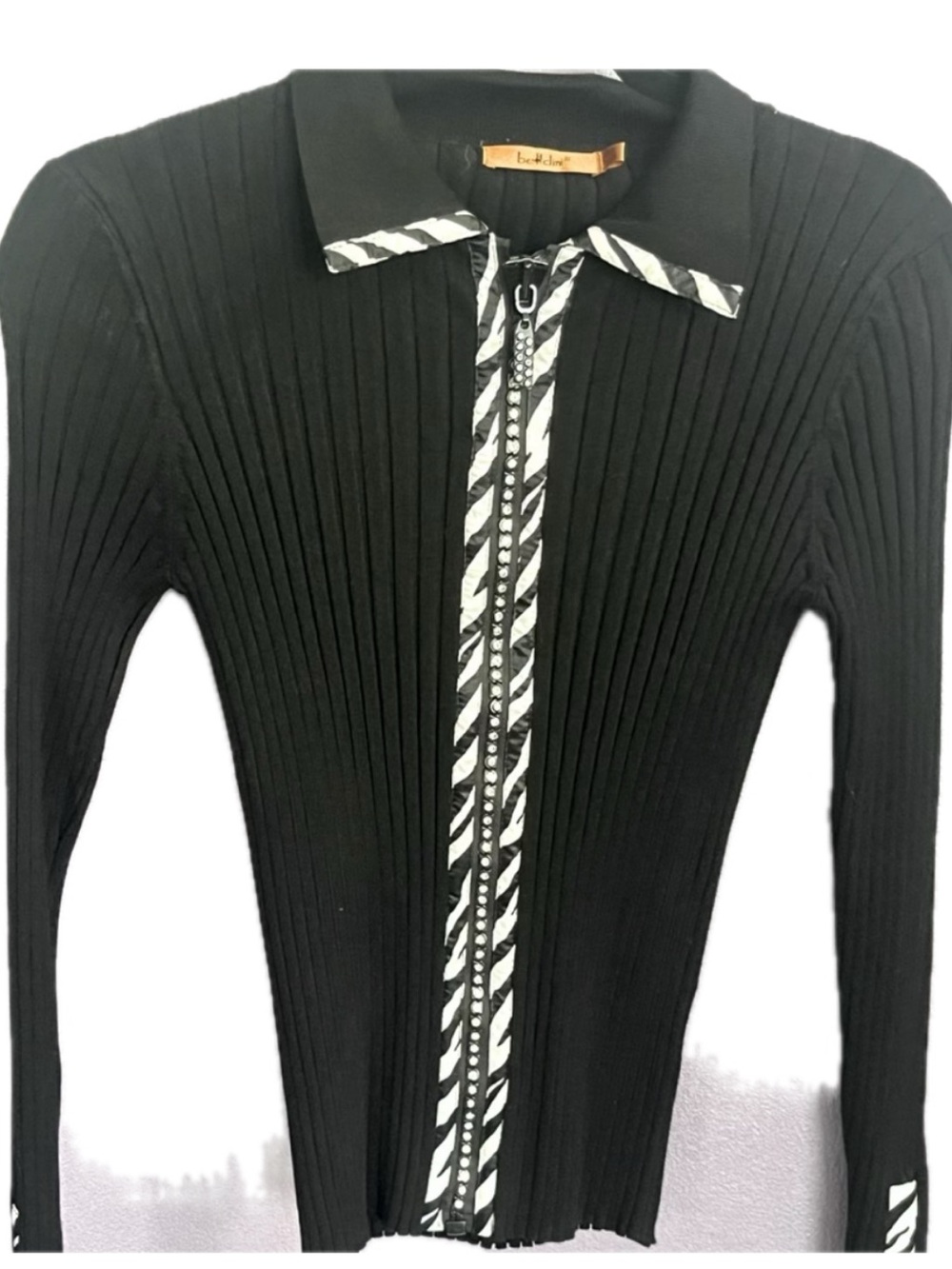 Belldini black white zebra stretch crystal rhinestone zipper sweater vintage New